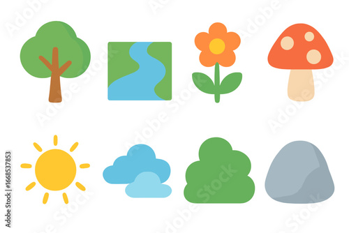 Fable Nature Icons. Flat vector mini-illustrations nature elements in fables in colors children's illustrations: tree, river, rock