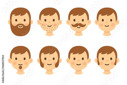 Facial Hair Icons. Flat vector mini-illustrations facial hair styles in colors children's illustrations: full beard, stubble,