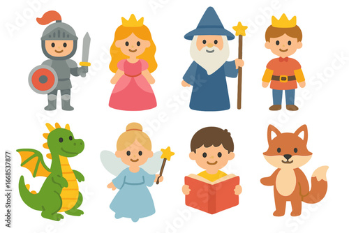 Fairy Tale Icons. Flat vector mini-illustrations classic literature characters in colors children's illustrations: knight,