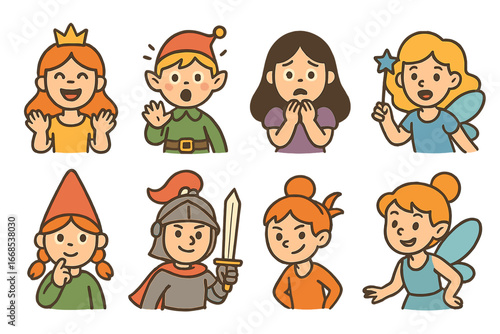 Fairy Tale Emotions. Flat vector mini-illustrations fairy tale emotions in colors children's illustrations: happiness, surprise,