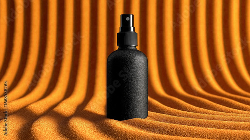 Eco black spray bottle on sand with orange gradient striped background.