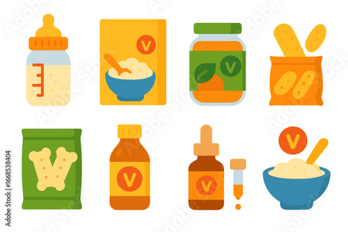 Fortified Baby Foods Icons. Flat vector mini-illustrations infant fortified foods in colors children's illustrations: enriched
