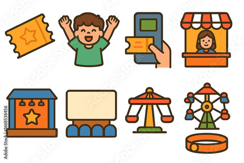 Fun Ticket Collection. Flat vector mini-illustrations event tickets in colors children's illustrations: ticket stub, child excited