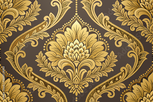 Vintage Bold Damask Wallpaper With Floral Gold Orn High-Quality Stock Image Great for Commercial Pro