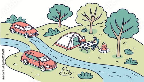 Group of hikers relaxes in campsite on river bank. People are in hiking camp with tents, cars, picnic table and campfire. Summer festival outdoors, holiday party at nature. Flat vector illustration