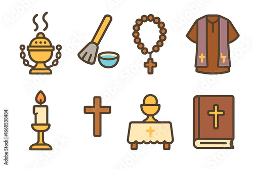 Funeral Ritual Icons. Flat vector mini-illustrations funeral rites in colors children's illustrations: incense, holy water