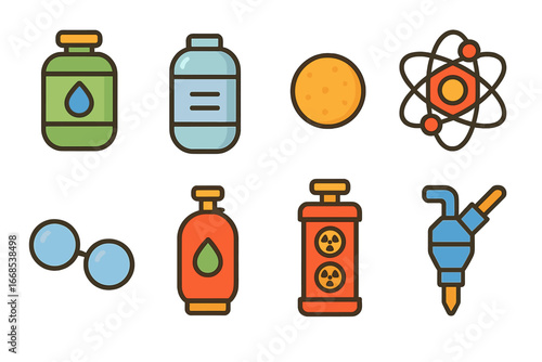 Fusion Fuel Icons. Flat vector mini-illustrations fusion fuel in colors children's illustrations: deuterium tank, tritium