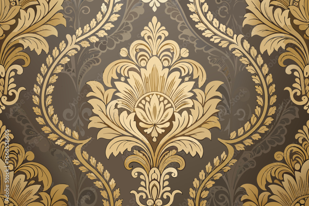 Fototapeta premium Crisp Vintage Bold Damask Wallpaper With Floral Gold Orn High-Quality Stock Image