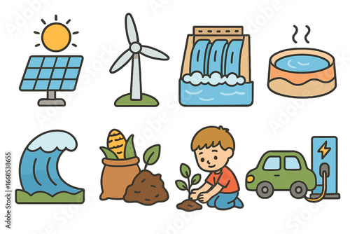 Green Energy for Kids. Flat vector mini-illustrations renewable energy sources in colors children's illustrations: solar panel,