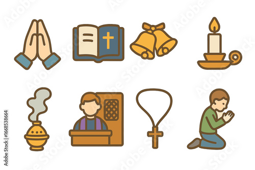 Great Lent Rituals. Flat vector mini-illustrations Great Lent rituals in colors children's illustrations: prayer hands, bible,