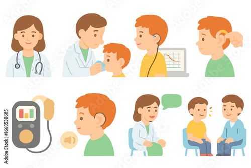 Hearing Aid Process. Flat vector mini-illustrations hearing aid fitting in colors children's illustrations: audiologist, ear