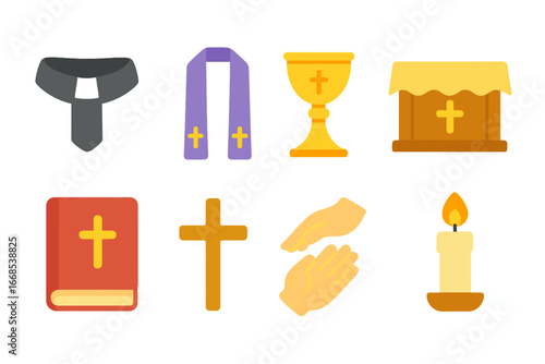 Holy Sacrament Icons. Flat vector mini-illustrations holy orders sacrament in colors children's illustrations: priest’s collar,
