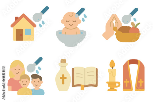Holy Water Icons. Flat vector mini-illustrations holy water uses in colors children's illustrations: blessing house, baptism,