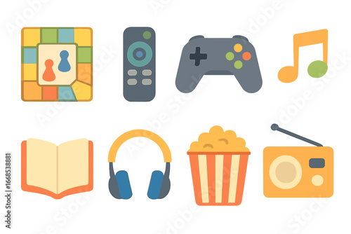 Home Entertainment Icons. Flat vector mini-illustrations home entertainment in colors children's illustrations: board game,