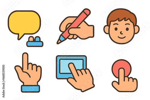 Interactive Input Icons. Flat vector mini-illustrations human input in colors children's illustrations: speech bubble, hand typing