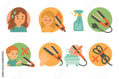 Flat Iron Safety Icons. Flat vector mini-illustrations flat iron warnings in colors children's illustrations: avoid wet hair,