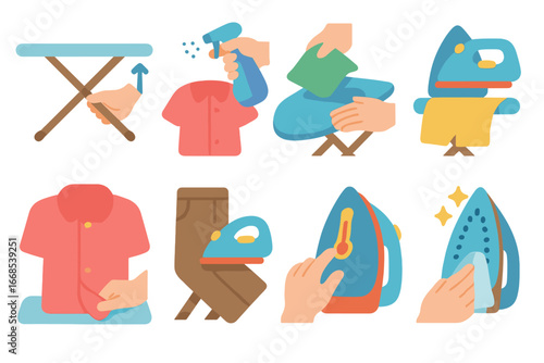 Ironing Tips for Kids. Flat vector mini-illustrations ironing board usage tips in colors children's illustrations: adjusting