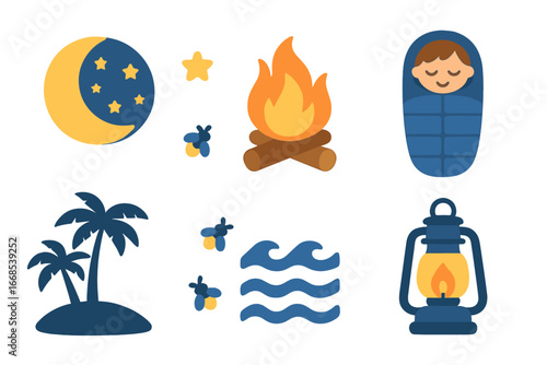 Island Night Adventure. Flat vector mini-illustrations island night in colors children's illustrations: moon, starry sky, campfire