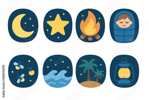 Island Night Adventure. Flat vector mini-illustrations island night in colors children's illustrations: moon, starry sky, campfire