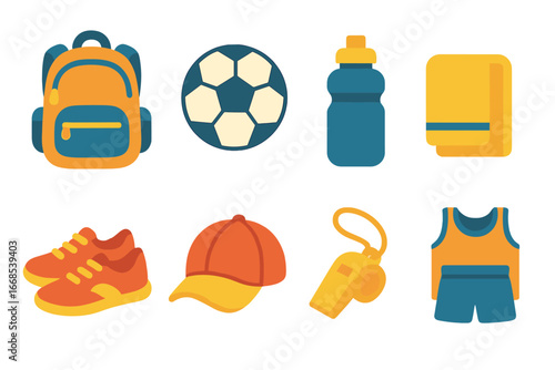 Kids Sports Gear. Flat vector mini-illustrations sports backpack in colors children's illustrations: backpack, soccer ball, water