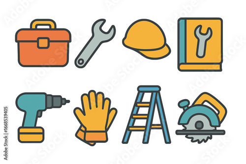 Kids Maintenance Icons. Flat vector mini-illustrations maintenance service in colors children's illustrations: toolbox, wrench,