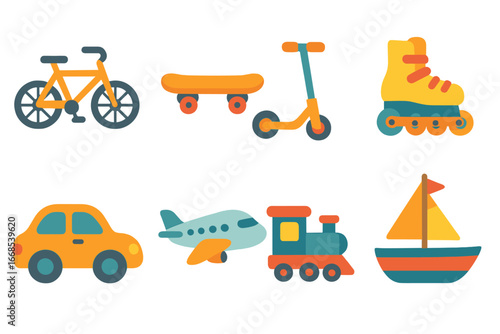 Kids' Transport Icons Grid. Flat vector mini-illustrations kinetic transport in colors children's illustrations: bicycle,