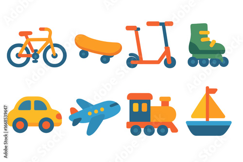 Kids' Transport Icons Grid. Flat vector mini-illustrations kinetic transport in colors children's illustrations: bicycle,