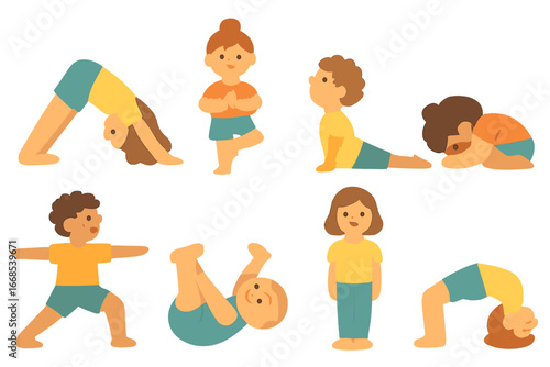 Kids' Yoga Poses Grid. Flat vector mini-illustrations yoga poses for kids in colors children's illustrations: downward dog, tree