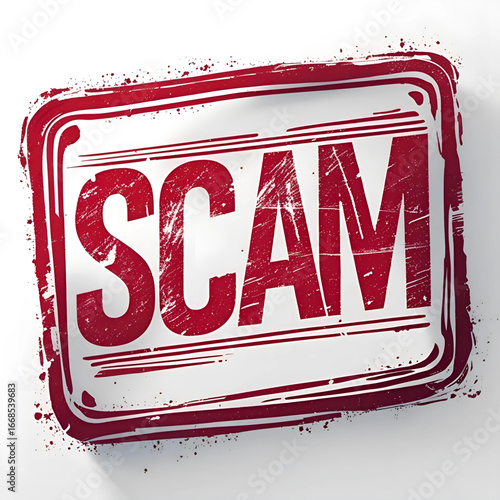 Grunge style red ink stamp with the word SCAM isolated on a white background, a concept for fraud, warning, and alert