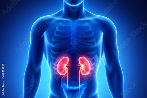 Human anatomy internal organs glowing kidneys blue body image