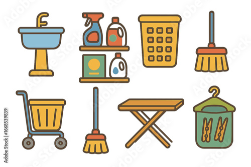 Laundry Room Icons. Flat vector mini-illustrations laundry room objects in colors children's illustrations: laundry sink,