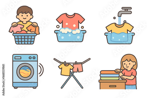 Laundry Process Icons. Flat vector mini-illustrations washing process in colors children's illustrations: sorting clothes, soaking