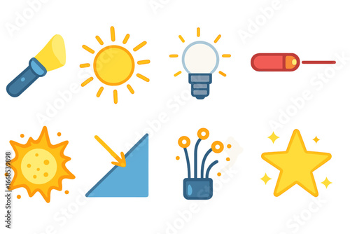 Light Icons Grid. Flat vector mini-illustrations light and photons in colors children's illustrations: flashlight beam, sun rays,