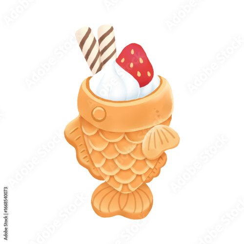 A charming illustration of a sweet Japanese taiyaki dessert, a fish-shaped waffle filled with soft cream and topped with a fresh strawberry and wafer sticks