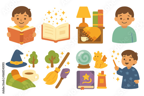 Magical Children's Illustrations. Flat vector mini-illustrations story beginnings in colors children's illustrations: child