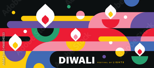 Happy Diwali Hindu festival modern design with hands, Diya oil lamps and typography. Vector illustration for greeting card, poster, cover, banner.
