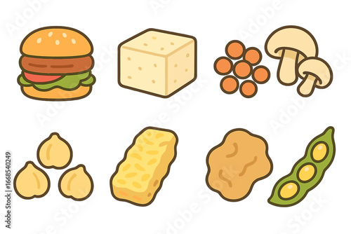 Meat Alternatives Icons. Flat vector mini-illustrations meat alternatives in colors children's illustrations: plant burger, tofu
