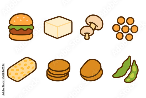 Meat Alternatives Icons. Flat vector mini-illustrations meat alternatives in colors children's illustrations: plant burger, tofu