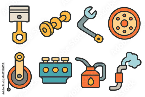 Mechanical Energy Icons. Flat vector mini-illustrations mechanical energy in colors children's illustrations: piston, crankshaft,