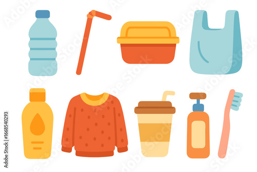 Microplastics in Daily Life. Flat vector mini-illustrations microplastic in daily life in colors children's illustrations: bottled