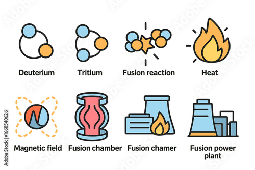 Nuclear Fusion Icons. Flat vector mini-illustrations nuclear fusion process in colors children's illustrations: deuterium, tritium