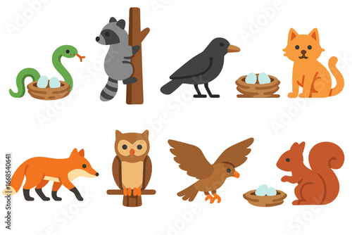 Nest Predators Series. Flat vector mini-illustrations nest predators in colors children's illustrations: snake near nest, raccoon