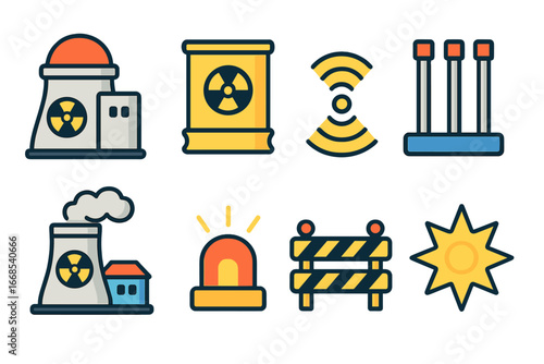 Nuclear Safety Icons. Flat vector mini-illustrations nuclear radiation in colors children's illustrations: nuclear reactor,