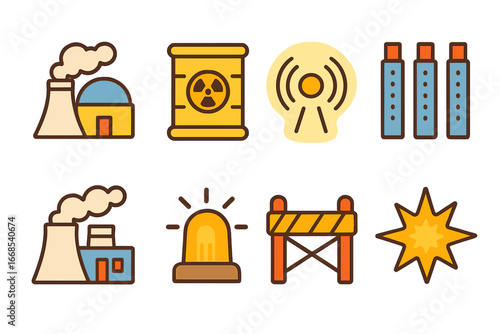 Nuclear Safety Icons. Flat vector mini-illustrations nuclear radiation in colors children's illustrations: nuclear reactor,