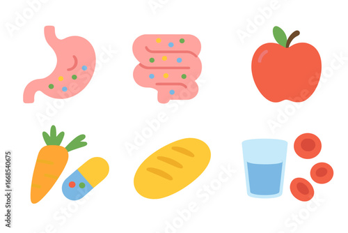 Nutrient Absorption Icons. Flat vector mini-illustrations nutrient absorption in colors children's illustrations: stomach,