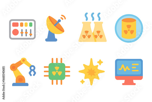 Nuclear Tech Icons. Flat vector mini-illustrations nuclear technology in colors children's illustrations: control panel, satellite