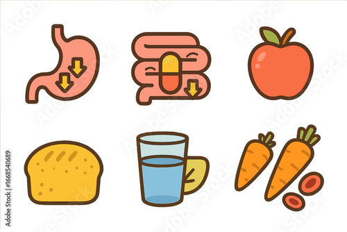 Nutrient Absorption Icons. Flat vector mini-illustrations nutrient absorption in colors children's illustrations: stomach,
