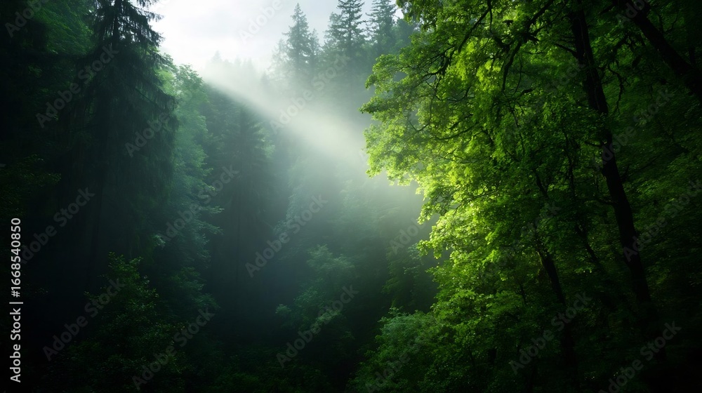 Fototapeta premium Enchanting forest landscape with sunbeams filtering through lush green foliage