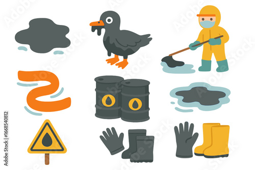 Oil Spill Cleanup Icons. Flat vector mini-illustrations oil spill in colors children's illustrations: oil slick, contaminated bird