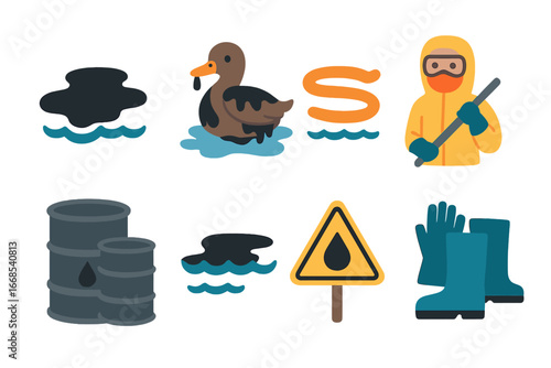 Oil Spill Cleanup Icons. Flat vector mini-illustrations oil spill in colors children's illustrations: oil slick, contaminated bird